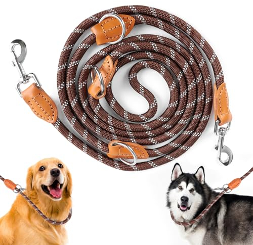 Hundeleine für Große & Mittelgroße Hunde, Verstellbare Hundeleine 3m mit Reflektierend Streifen, Nylon Doppelleine Verdickte Freihandleinen mit 2 Karabiner durch die Extreme Kraft bis 200 kg (Braun)