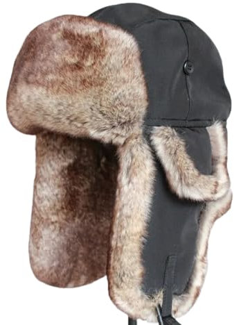bomhys Russische Mütze Winter-Bombermütze Für Herren, Kunstpelz, Russische Mütze, Uschanka, Damen, Dicke Warme Mütze Mit Ohrenklappen, Schwarz, Braun, 56–58 cm