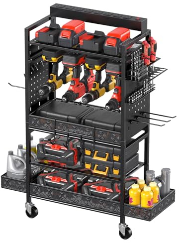 CCCEI Garage Power Tools Organizer Cart with Charging Station, Black Floor Standing Rolling Drill and Tools Battery Storage Cart on Wheels. Black Utility Rack Gift for Men, Husband, Father.