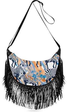 GAIREG Bunte Fransen-Tasche, Crossbody-Tasche, Quaste, Crossbody-Tasche, Western-Geldbörse, Crossbody-Tasche, Cowgirl-Tasche, Afrikanisches Tier, Blau, Orange