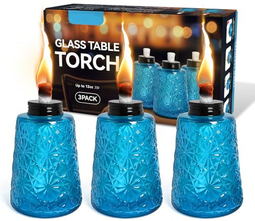3 Pack Oil Lamp Transparent Blue Glass Table Torch Citronella Oil Lamps Lantern with 3 Wicks for Indoor Outdoor Patio Decors