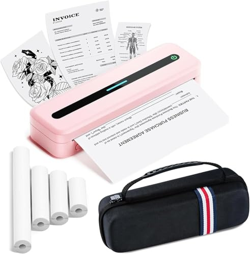 Thermodrucker A4 Unterwegs, Mobiler Drucker A4 mit Tragbarer Tasche, 300 dpi Reisedrucker, Portable Thermo Drucker Kompatibel mit Windows/macOS/iOS/Android (Rosa, 1 Drucker + 4 Rollen Thermopapier)