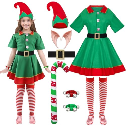 HarnyLoom Weihnachtself Kostüm Damen Kinder Erwachsen, Weihnachten Kostüm Männer Elfenkostüm Wichtel Elfen Outfits Elfenohren Elfenhut Glocke Weihnachten Party Cosplay (Kind-Mädchen, 150)