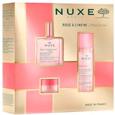 Nuxe Pink Fever Christmas Gift Set – Huile Prodigieuse Florale Dry Oil 50ml, Very Rose Micellar Water 100ml & Lip Balm 15g – Multi-Use Skincare for Face & Body, Ideal for Birthdays or Travel