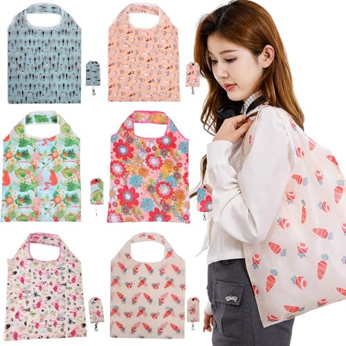 QSLKI 6 Stück Wiederverwendbare Einkaufstasche, 60cm*38cm Faltbare Umweltfreundliche Einkaufstasche, Waschmaschinenfest, Tragbare Leichte Kapazität Einkaufsbeutel für Einkauf Reise Loading