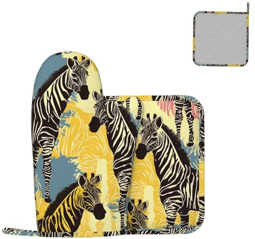 2 pcs Oven Mitts and Pot Holders Set Giraffe and Zebra Oven Mitt Heat Resistant Oven Gloves for Cooking Non-Slip Hot Pads Washable Cooking Gloves for Baking BBQ Microwave