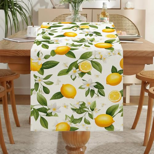 LOZULO Dekor Sommer Zitrone Pflanzen Blumen Tischläufer | Abwaschbar Tischläufer Esstisch Tisch Dekoration für Hochzeiten Outdoor Drinnen Urlaub Party Dekor 40 x 140 cm