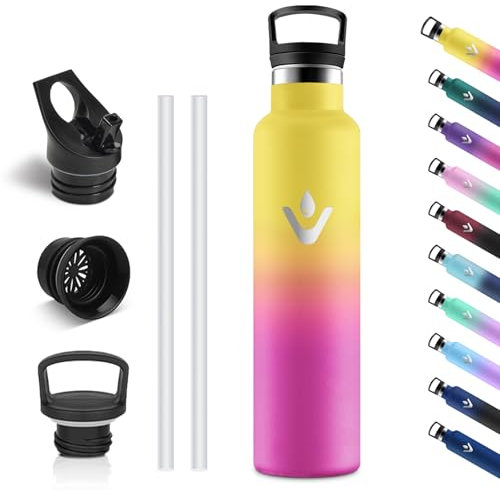 Vikastar Edelstahl Trinkflasche, Thermosflasche 1l, BPA-frei Trinkflasche, Thermosflasche mit Strohhalm, Trinkflaschee für Schule, Sport, Fahrrad, Camping, Gelb & Rosa
