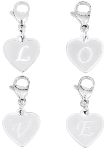 Beebeecraft 4 Stück 4 Stile Alphabet Herz Charm 201 Edelstahl Silber „Love“ Anfangsbuchstaben Zum Anklipsen Mit Karabinerverschluss Für Rucksack Schlüsselanhänger Armband Halskette