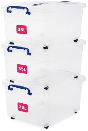 STL 3 x 35L Storage Boxes with Lids And 4 Wheels, Clip-Lock Lid, Stackable Clear Plastic Storage Containers With Lid For Home, Kitchen, Moving, Garage & Office (Set Of 3)