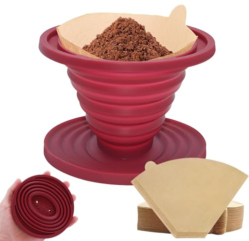 Fällbart kaffefilter, silikon camping kaffefilter vikbart, kaffedroppare med 50 filterpapper, återanvändbar kaffefilterhållare, bärbar kaffefilter cone, för hem, camping (röd)