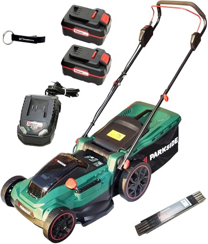 HEADNMORE® Bundle – Parkside® 40 V batteridriven gräsklippare PRMA 40-Li D2 (inklusive 2 x 4 Ah batteri) nyckelring tumstock