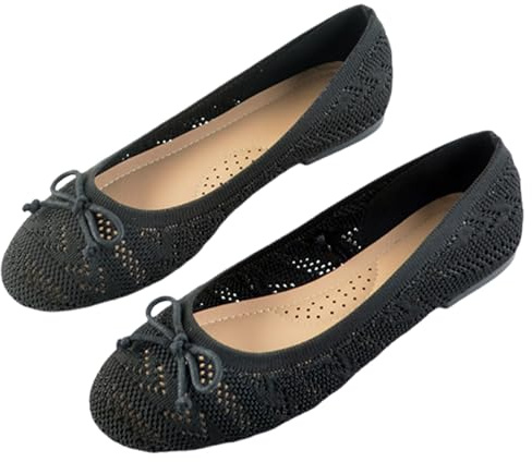 Clearance UK 6 Cute Bow Flats Shoes for Ladies Women Comfortable Crochet Lace Mesh Round Toe Slip on Woven Knit Ballet Flat Dress Shoes Ballerina Pumps Black Footwear