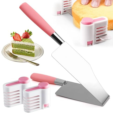 Stainless Steel Cake Cutter with Leveler Slicer, Adjustable Cake Slicer Server, Stratification Auxiliary, Ergonomic Handle, Safe Pie Pastry Slicing Tool (Pink)