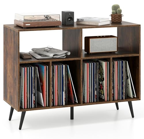 COSTWAY Meuble Rangement Vinyle pour Albums, 6 Compartiments, Rangement CD DVD Manga, 5 Pieds en Métal, Support pour Tourne-Disque, Meuble HiFi, Bibliothèque Basse (Marron Rustique,sans Prise)