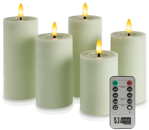 Meisterhome® LED-Kerzen 5er-Set Flammenlos Sage – Ø7 cm, Höhen 10/12,5/15 cm – Stumpenkerzen mit Fernbedienung & Timer – warmweißes Licht – flackernde Flamme – Rustik-Design – batteriebetrieben
