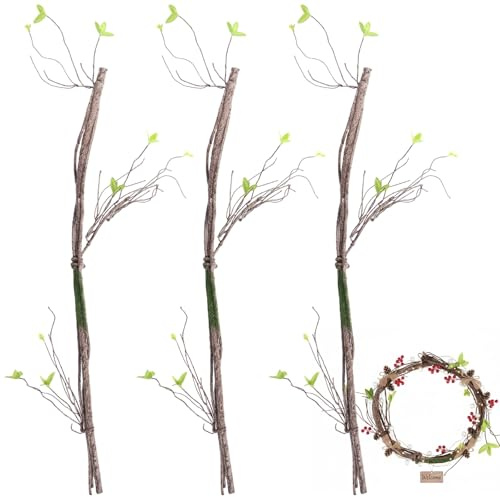 3 PCS Artificial Bendable Tree Branches, Realistic Faux Dried Branch with Moss, Flexible Vine-Style Twigs with Leaves, Craft Stems for Home Decor, Floral Arrangements, Wreaths, Seasonal Displays