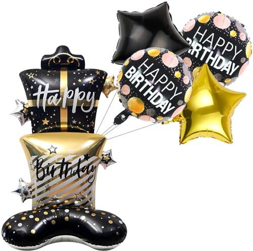 Koboko 5 Stück Folienballons Geburtstag, XXL Happy Birthday Ballon Schwarz Gold, Happy Birthday Luftballon Stehend, Helium Ballons Geburtstag, Geburtstagballons für Erwachsene Kindergeburtstag Deko