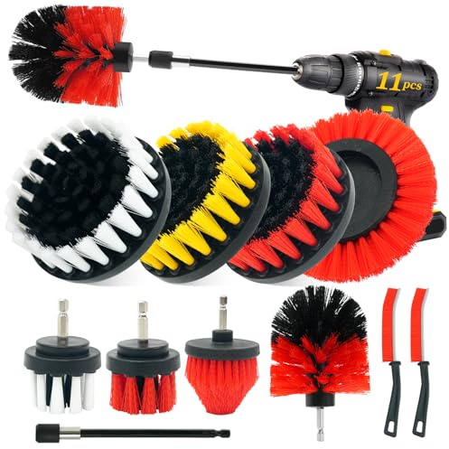 Codcob 11 Stück Bürstenaufsatz Akkuschrauber Set, 3 Härtegrade Reinigungsbürsten, Hartborsten Eckenreinigungsbürste, Fugenbürste Zubehör für Bad, Küche, Auto, Fliesen, Spüle