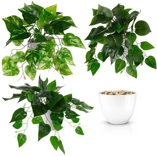 PASCH® Set de 3 plantas colgantes artificiales: plantas artificiales como reales | Plantas artificiales colgantes | Planta artificial colgante en maceta | Planta colgante artificial con maceta (Hiedra