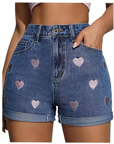 OYOANGLE Women's Heart Embroidery Skinny Denim Shorts Zipper Fly Stretchy Jean Shorts with Pockets Dark Wash Large