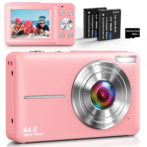Appareil Photo Numérique, Appareil Photo Compact avec Photo 44MP, Vidéo HD 1080P, Écran IPS 2,4”, Zoom Numérique 16X, Anti-Tremblement, Carte 32GB, 2 Batteries pour Adolescents, Garçons, Filles Rose