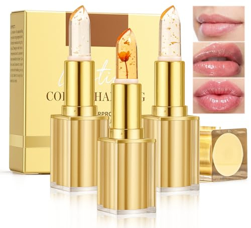 3Pack Colour Changing pH Adjusting Lipstick with Gold Foil,Hydrating Shine | Temperature Reactive, Long Lasting, Moisturising Gloss, Hydrating Shine, All Skin Types