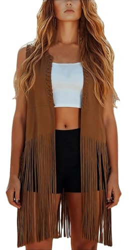 HUIFUAO Fransade linnen för kvinnor vintage västerländsk outfit ärmlös tofs väst mocka cowgirls toppar 70-tal hippie kläder läderjacka öppen framsida cowboy väst festival fest kostymer, Z03 Kaffe