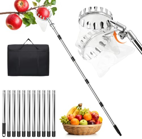 4.4M Obstpflücker, Apfelpflücker mit Einstellbarem Kopf, Teleskopstiel und Baumwollbeutel, Obstsammler für Kirschen, Birnen, Pflaumen, Obstgreifer Einfach zu Montieren, Ideal für Garten, Obstbäume