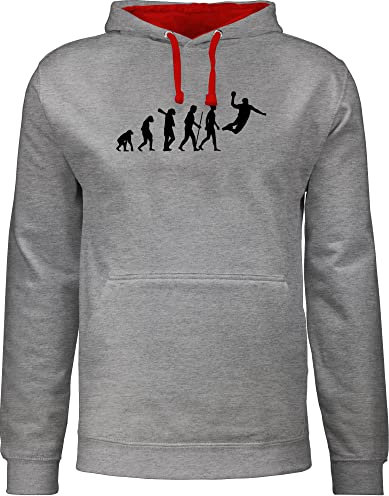 Pullover Frauen Hoodie Kontrast zweifarbig - Entwicklung und Outfit - Handball Evolution Herren - XXL - Grau meliert/Rot - geschenke für handballer hanball pulli halbball fun-kapuzenpullover