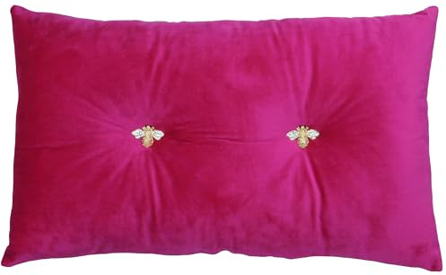 Paoletti Bumble Bee Rechteckige Scatter Kissen - Fuchsia Pink - Faux Velvet Look and Feel - Jeweled Metall Bee Buttons - Polyfilled - 100% Polyester - 30 x 50 cm (12 x 20 Zoll) - Made by Riva