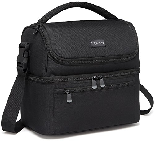 VASCHY Bolsa Térmica Porta Alimentos, Bolsa Comida Trabajo Bolsa Almuerzo Bolsa Isotermica Nevera Portatil con Dos Compartimentos y Correa Ajustable para Picnics, Playa, Camping, 13,4 L, Negro