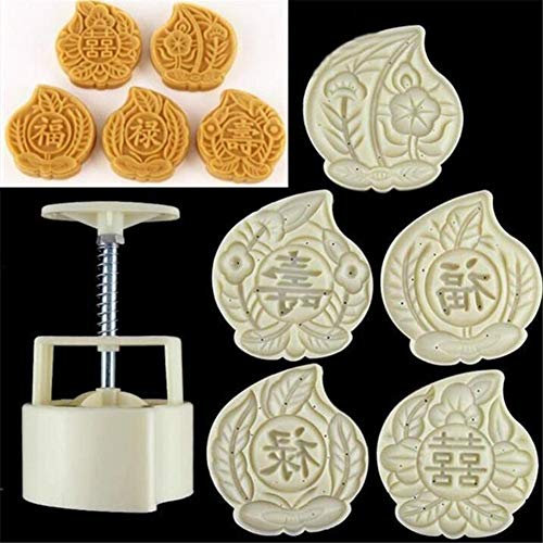 6pcs/let Mid Autumn Festival Mooncake Mold, Hand Pressure Maker Mould+5 Peach Mode Stamps Plunger Kit, Plastic Cookies Cutter Moon Cake Mould, Kitchen DIY Baking Decorating Tools Bakeware Gadget