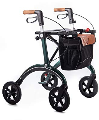 Leichtgewichts Rollator aus Kohlefaser von Saljol mit Soft-Bereifung, höheneinstellbare Korkgriffe, Sitzhöhe 62cm, british racing green