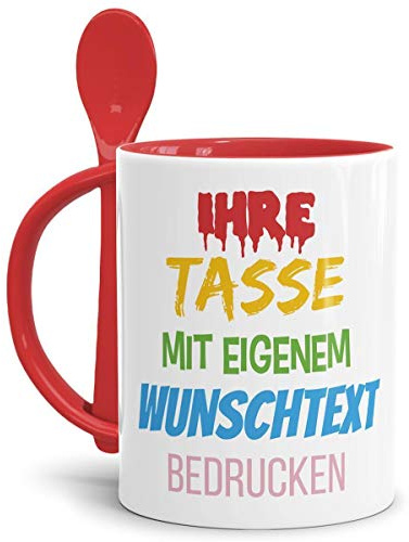 Tasse selbst gestalten/mit eigenem Text beschriften/Wunsch-Name/Spruch-Tasse/Löffeltasse Rot/Mittig gegenüber vom Henkel bedruckt