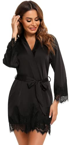 RSLOVE Robe Chemise de Nuit en Dentelle pour Femmes Kimono en Satin Rob de Mariée pour Mariagee Noir S