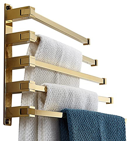 LXLTL Towel Bar Folding, Bath Swivel Towel Holder Rack Space Bathroom Adjustable Hand Pull Out Folding Arm Hanger Holder Multi Bar Wall Mount Polished Finish,Gold,5 Strokes
