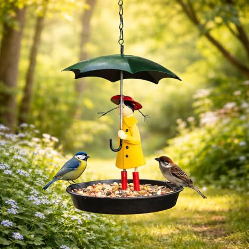 Garden Mile Vogelfutterstation Mädchen mit Regenschirm Vogelstation Metall Hängende Kette und Haken Futterspender für Wildgartenvögel Antik Stil Ideal für Bäume Sträucher