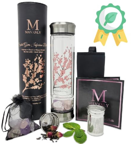 Mavanly Cherry Blossom Double Walled Glass Water Bottle With Crystals Inside Eco-Friendly Crystal Gifts for Women, Rose Quartz, White Crystal, Amethyst, For Hot and Cold Drinks and Loose Tea Infuser