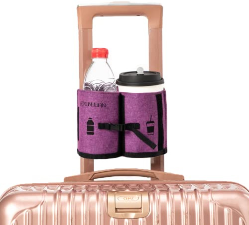 Luggage Travel Cup Holder, Portable Drink Caddy Bag Hold Two Coffee Mugs Free Your Hand for Drink Fits Roll on All Suitcase Handles Traveler Accessory Grey Purple for Men Women