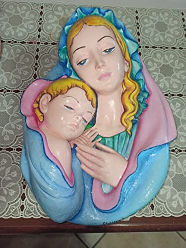Madonna con Gesu', in Gesso Decorata a Mano Manto rosa-celeste grande cm 32 x 24