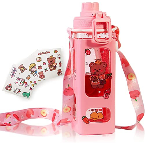 ZRHXG Kawaii drickflaska, kvadratisk plast drickflaska, med sugrör och axelrem vattenflaska, bärbar läckagesäker vattenmugg, för söta flickor, skola (rosa-700 ml)