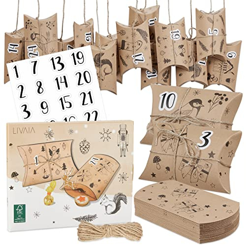 Calendrier de l'Avent à remplir : Calendrier de l'Avent 2025 - Sachets en Papier, Chiffres adhésifs - Calendrier de l'Avent par soi-même - LIVAIA