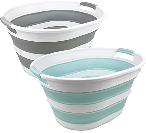 SAMMART 23L (6 Gallons) Set of 2 Collapsible Plastic Laundry Basket - Oval Tub - Foldable Storage Container/Organizer - Portable Washing Tub - Space Saving Laundry Hamper (Lake Green + Grey)