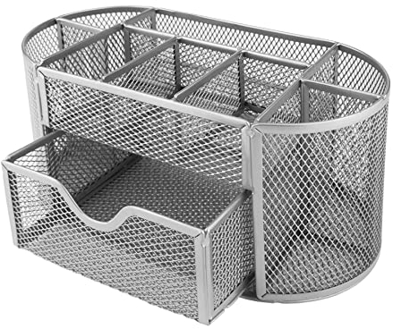 D.RECT Schreibtischorganizer | Stiftehalter Stifteköcher Tisch-Organizer aus Metall | Büroablage mit Zettelhalter Mesh | 350 x 297 x 275 mm Silber