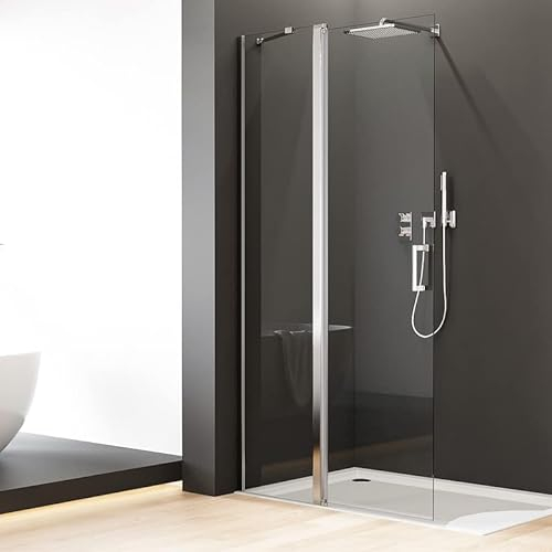 Walk in Dusche Duschwand 120 x 185 cm Pendeltür Duschabtrennung mit Festteil, Glas Walk-in Duschtrennwand 5 mm Nano ESG Sicherheitsglas, Schwingtür Duschtür mit Stabilisator Duschglaswand Höhe: 185cm
