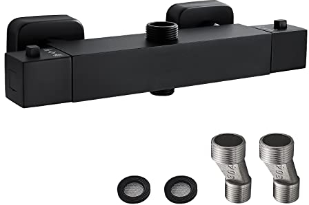 Namuoto Miscelatore Termostatico Doccia per Sistemi-Colonna Doccia, Miscelatore Termostatico con Pulsante di Sicurezza 38 °C, Uscita Superiore 3/4 Bsp e Uscita Inferiore 1/2 Bsp, Nero