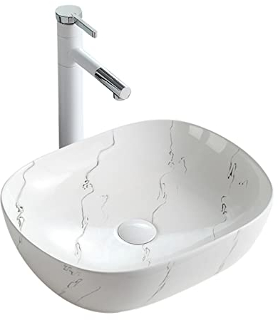 Lavabo vasque à poser Au-dessus du comptoir Petit évier en céramique et porcelaine Lavabo moderne Motif marbré blanc artistique Au-dessus du comptoir de salle de bain avec bonde escamotable Lavabo Sal