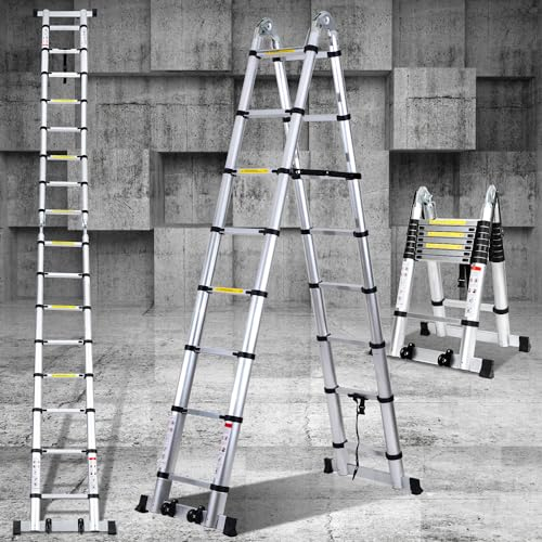 Eulenke échelle Télescopique 5m-2,5m+2,5m, Multifonction echelle Pliante en Aluminium, escabeau telescopique avec stabilisateur et Roues, Antidérapante echelle de Toit capacité Charge 150kg, argenté