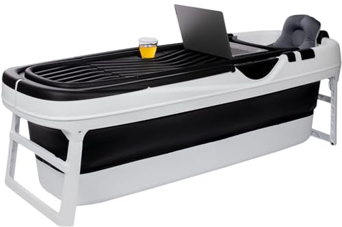 HelloBath® Faltbare Badewanne XXL 157x60x48 cm für Erwachsene | Tragbare Badewanne mit Badekissen, Aufbewahrungstasche, LED-Lampe & Massagerollen | Mobile für Dusche & Outdoor – Schwarz